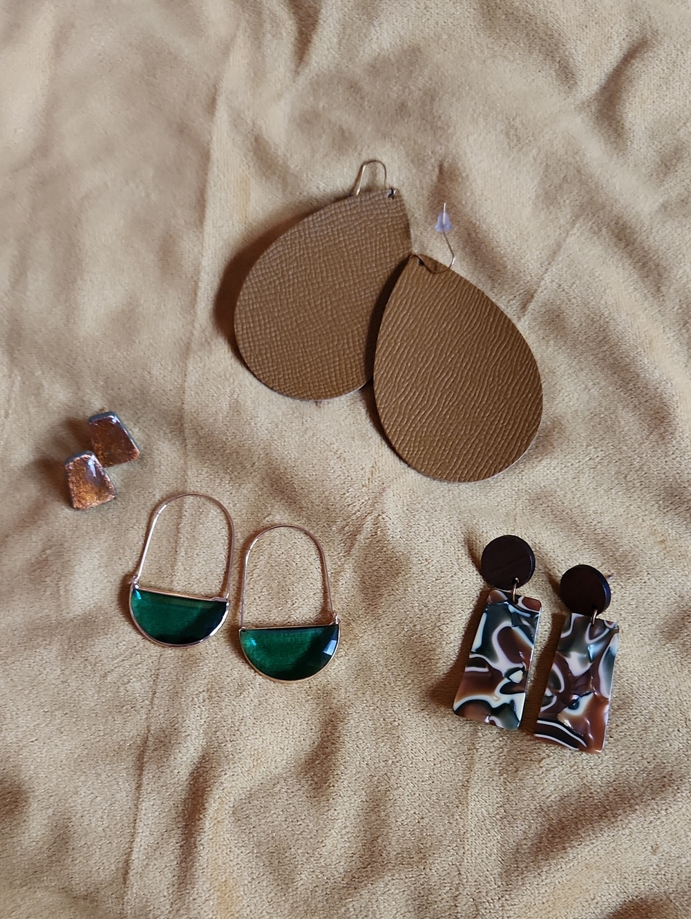 Mixed Earring Lot - Tan Leather Teardrops & Green Accent Hoops, Autumn Vibes